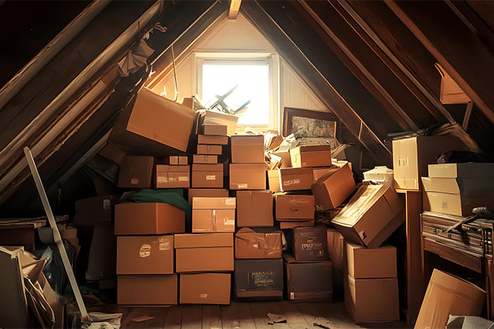 Ein vollgestellter Dachboden mit gestapelten Kartons, alten Möbeln und Gegenständen, beleuchtet durch ein kleines Fenster, im Rahmen einer Dachbodenräumung.
