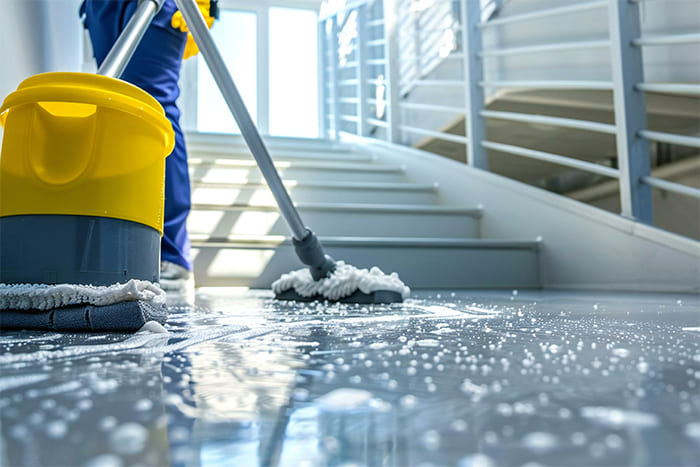 Ein Reinigungskraft reinigt mit einem Mopp und einem gelben Eimer einen nassen, schaumigen Boden im Treppenhaus, sorgt für Sauberkeit und Hygiene.