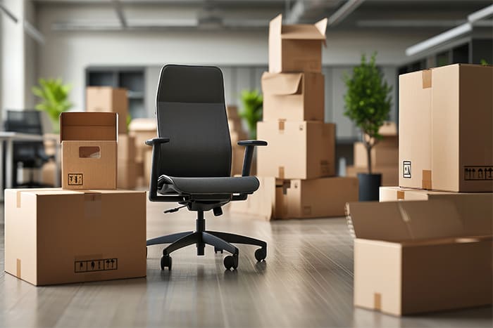 Ein Bürostuhl inmitten von Umzugskartons in einem modernen Büro, symbolisch für einen Firmen- oder Büroumzug.