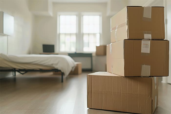 Gestapelte Umzugskartons in einem minimal eingerichteten Zimmer mit Bett und Schreibtisch, symbolisch für einen unkomplizierten Studentenumzug.