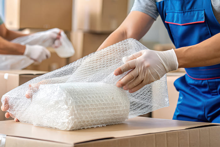 Eine Person in Arbeitskleidung und mit Handschuhen verpackt einen Gegenstand sorgfältig in Luftpolsterfolie, umgeben von Umzugskartons, als Teil eines Ein- und Auspackservices.